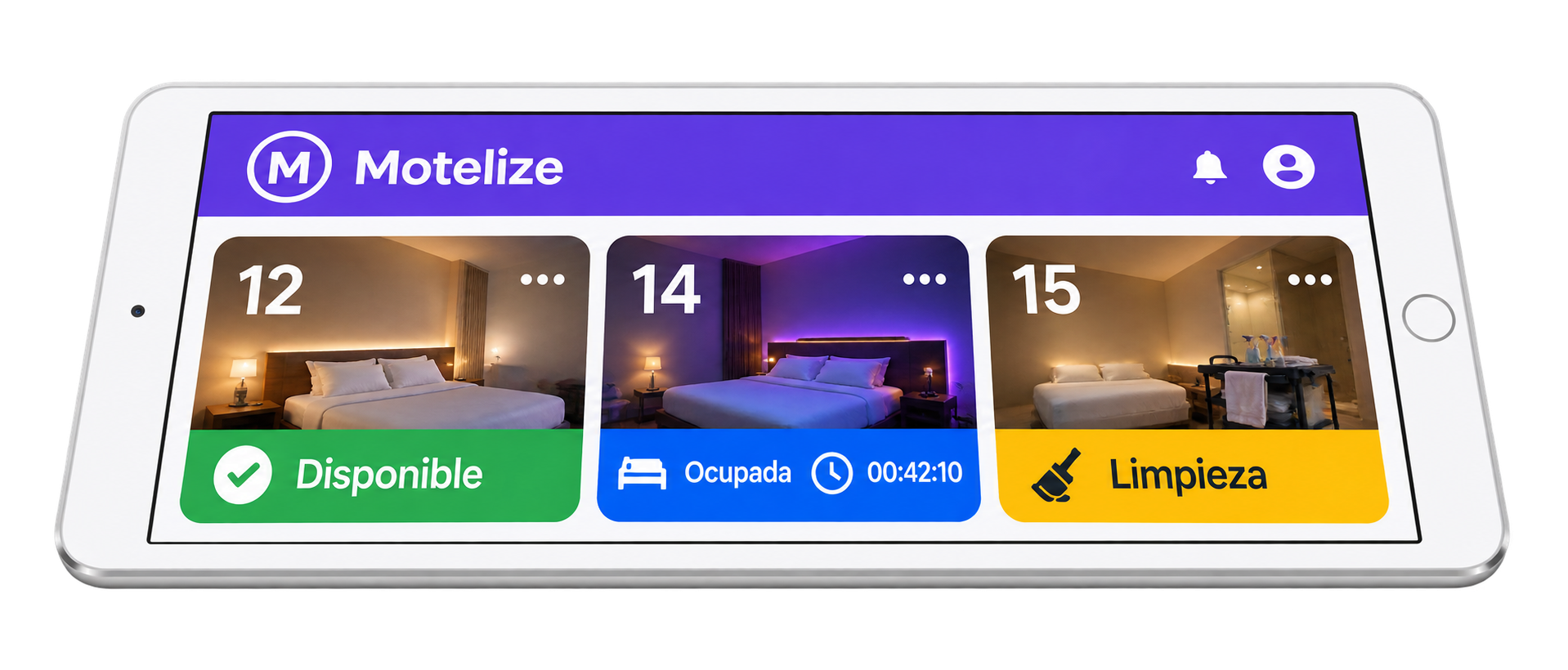 Tablero de habitaciones de Motelize en una tableta de recepción